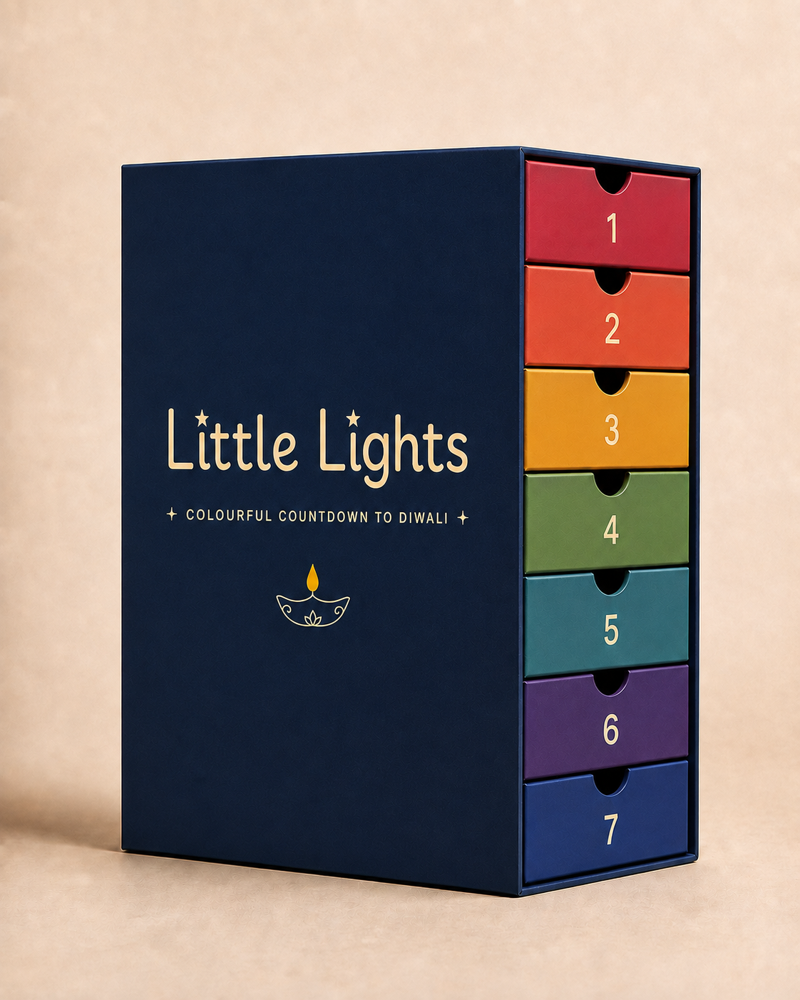 Little Lights Colourful Countdown to Diwali 7-drawer gift box in navy with rainbow drawers numbered 1 to 7