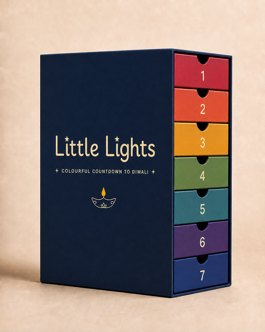 Little Lights Colourful Countdown to Diwali 7-drawer gift box in navy with rainbow drawers numbered 1 to 7